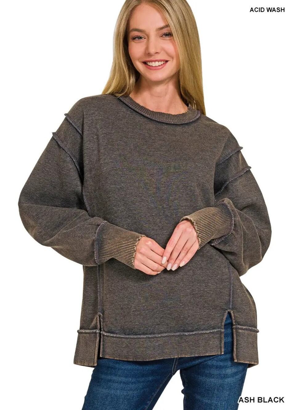 NWT Zenana 26719 Washed Slit Hem Fleece Sweatshirt ASH BLACK Pullover Size MED